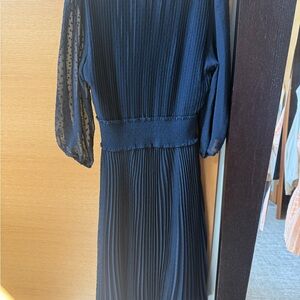Nanette Lepore Navy Pleated Midi Dress with Sheer Dot Sleeves